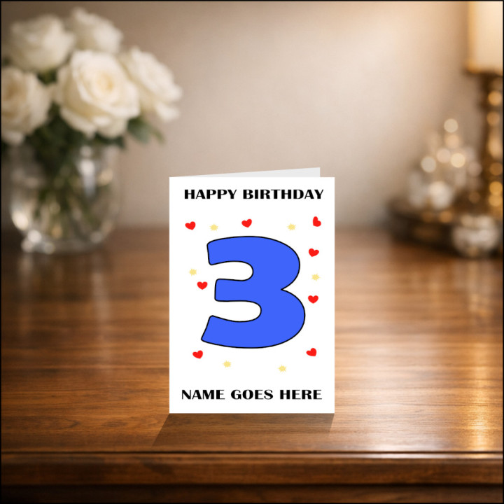 Three Year Old Birthday Card in Blue